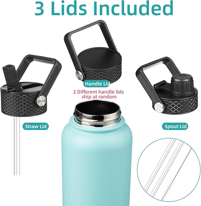 Konokyo 40oz Insulated Water Bottle Stainless Steel Sport Bottles with 3 Lids,Turquoise