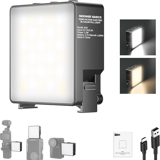 NEEWER Basics Bi Color Magnetic LED Camera Light Compatible with DJI OSMO Nano Action 3 4 5 Pro Cage AC009 PRO Pocket 3 Accessories Bracket, 1.5W Plastic Selfie Vlog Fill Light Attachment CRI95+, M25