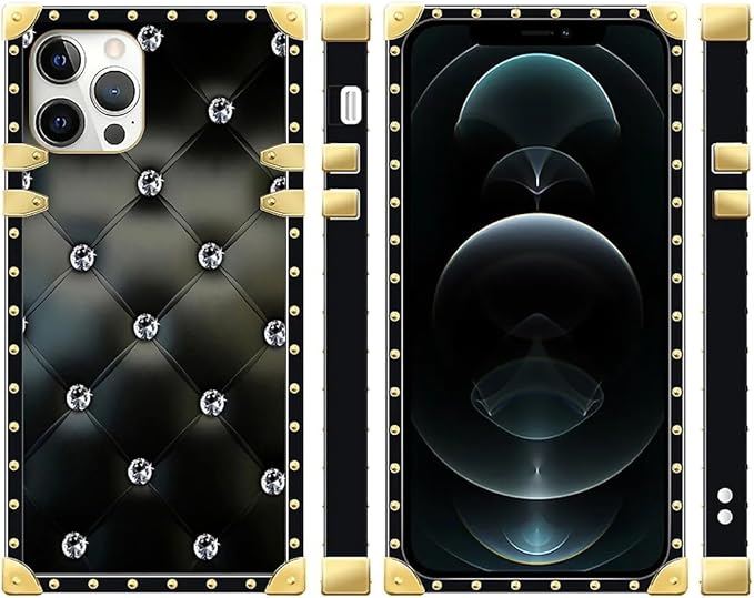 Compatible with iPhone 12/12 Pro Case, Shiny Black Sofa Crystal Luxury Golden Decoration for Girl Women Soft TPU Shockproof Protective Hard PC Back