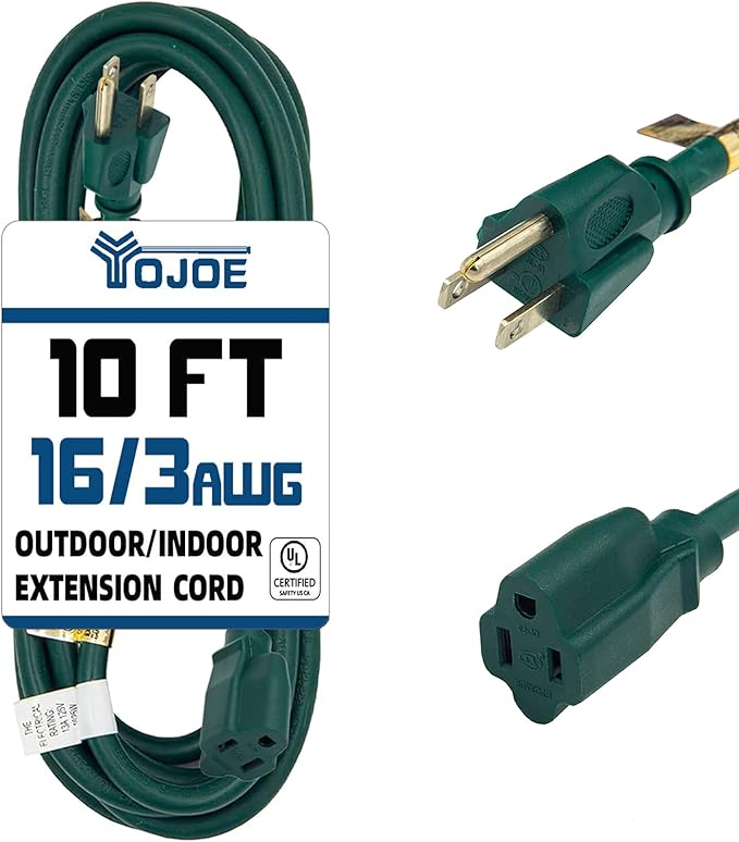 YOJOE Indoor Outdoor Extension Cord, 3 Prong 13A Weatherproof Power Cord, 16 Gauge Heavy Duty 10 ft Green Extension Cord for Garage, Garden and Home, 16/3 SJTW UL Listed