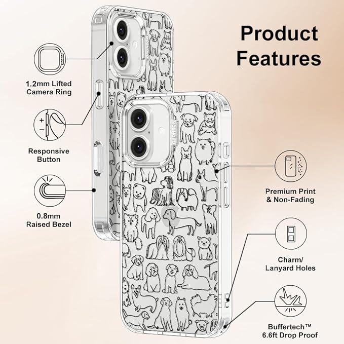 MOSNOVO Case for iPhone 16, [Buffertech 6.6ft Military-Grade Drop Protection] [Anti Peel Off Tech] Clear TPU Bumper Phone Case Cover Design - Doodle Dog