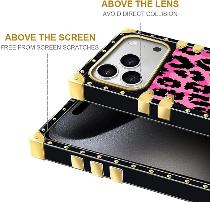 for iPhone 17 Pro Case Luxury Golden Decoration for Girl Women Soft TPU Shockproof Protective Hard PC Back for iPhone 17 Pro Crazy Pattern Pink Black Leopard