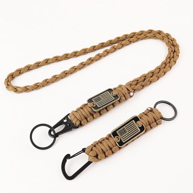 2pcs Heavy Duty Braided Paracord Lanyard Keychains with USA Flag, Parachute Rope Necklace for Outdoor Activities