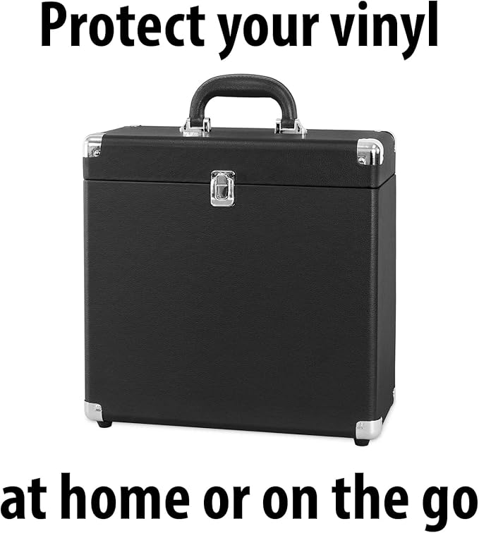 Victrola Collector – Record Storage Case – Holds 30+ Vinyl Turntable Records, Heavy-Duty Hardware, Hinges, & Smart Metal Corners, Portable with Easy-Carry Handle (Black)