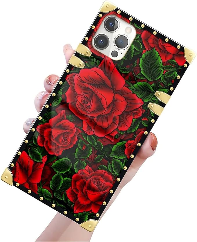 Compatible with iPhone 12 Pro Max Case, Vector Red Rose Green Leaf Luxury Golden Decoration for Girl Women Soft TPU Shockproof Protective Hard PC Back for iPhone 12 Pro Max