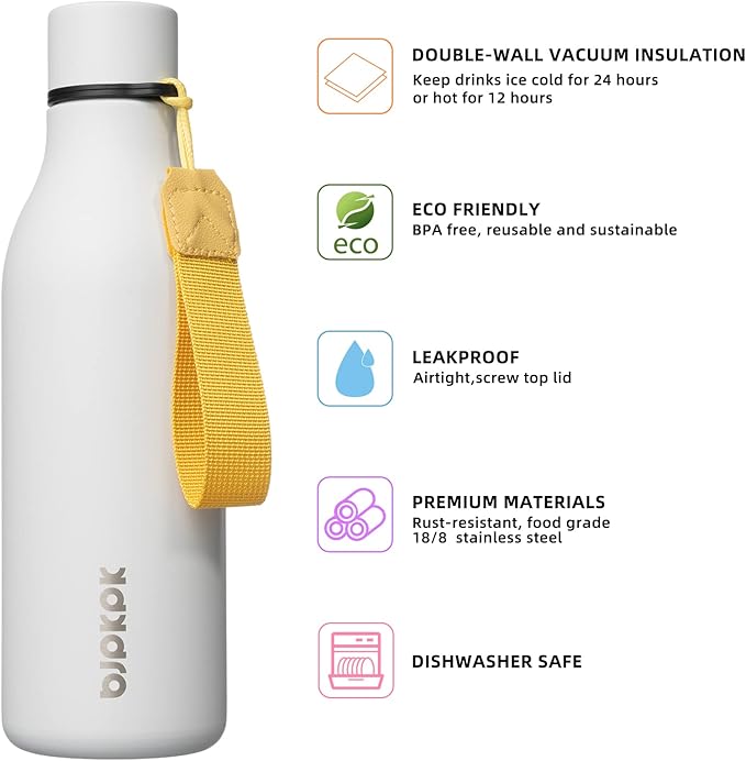 BJPKPK Insulated Water Bottles, 18 oz Stainless Steel Metal Water Bottle with Strap, BPA Free Leak Proof Jugs, Mugs, Flasks, Reusable Thermal Flasks for Sports & Travel, White