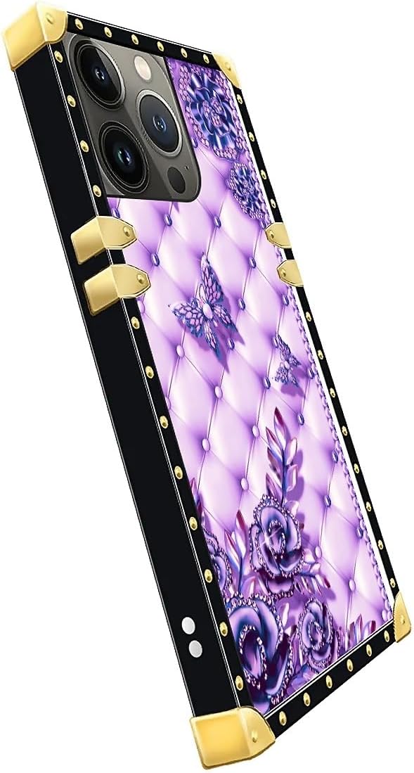 Compatible with iPhone 14 Pro Max Case, Purple Butterfly Flowers Leaf Luxury Golden Decoration for Girl Women Soft TPU Shockproof Protective Hard PC Back for iPhone 14 Pro Max