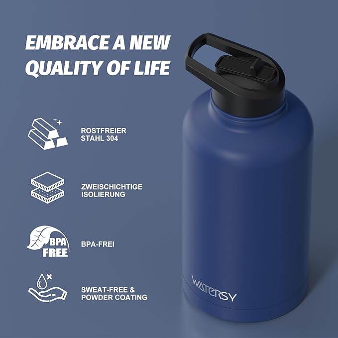 64oz Insulated Water Bottle (Cold for 48 Hrs),BPA Free&Leak Proof,Half Gallon Stainless Steel Water Flask,Water Jug with Straw Spout Lids for Gym,Hiking,Camping,Deep Blue
