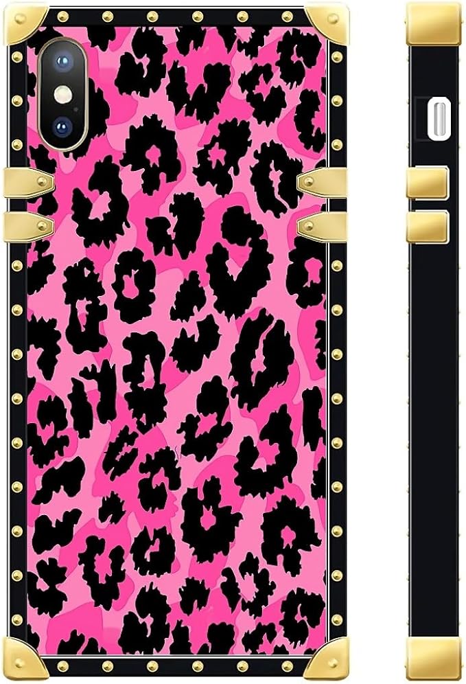 Compatible with iPhone Xs Max Case, Pink Black Leopard Luxury Golden Decoration for Girl Women Soft TPU Shockproof Protective Hard PC Back for iPhone Xs Max