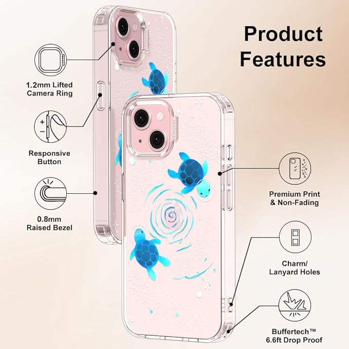 MOSNOVO Case for iPhone 15 Plus/iPhone 14 Plus, [Buffertech 6.6ft Military-Grade Drop Protection] [Anti Peel Off Tech] Clear TPU Bumper Phone Case Cover Design - Space Turtle
