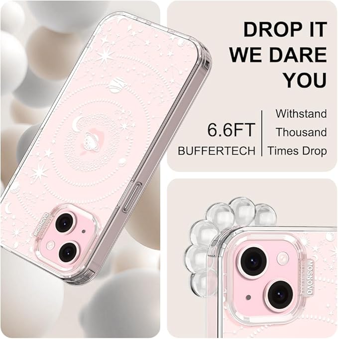 MOSNOVO Case for iPhone 15, [Buffertech 6.6ft Military-Grade Drop Protection] [Anti Peel Off Tech] Clear TPU Bumper Phone Case Cover Design - Galaxy