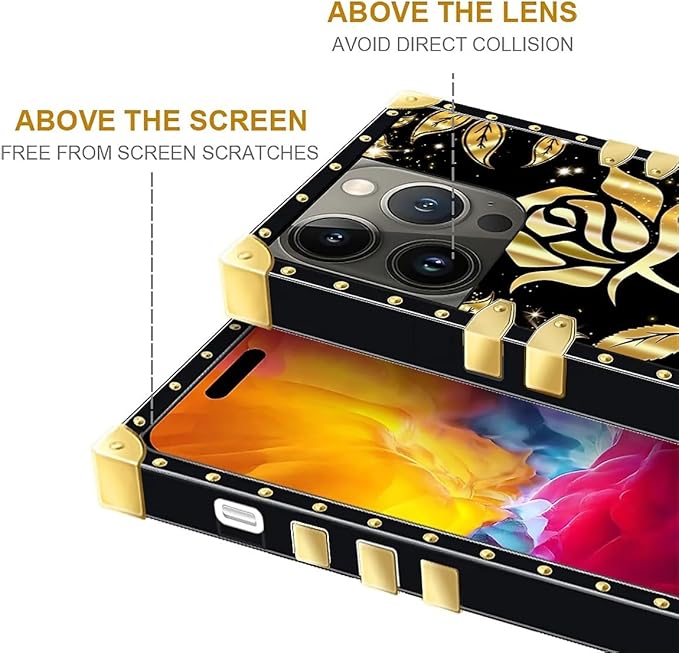 Compatible with iPhone 15 Pro Case, Shine Gold Rose Luxury Golden Decoration for Girl Women Soft TPU Shockproof Protective Hard PC Back for iPhone 15 Pro