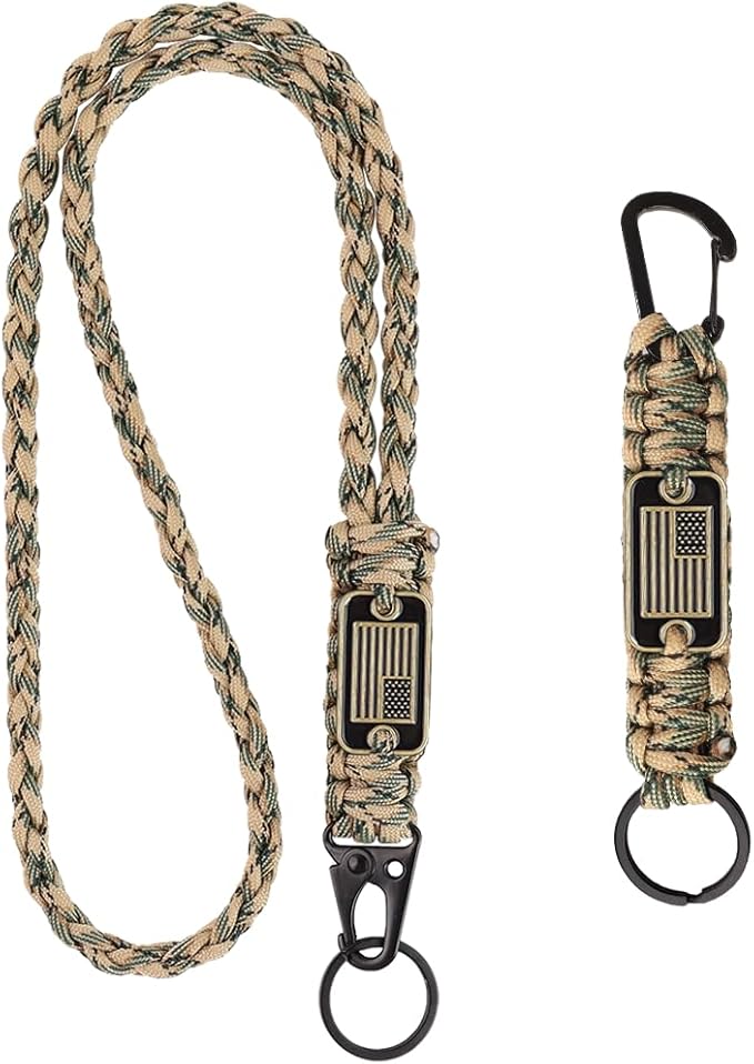 2pcs Heavy Duty Braided Paracord Lanyard Keychains with USA Flag, Parachute Rope Necklace for Outdoor Activities
