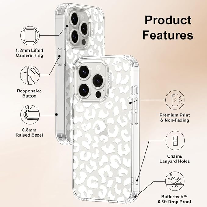 MOSNOVO Case for iPhone 15 Pro, [Buffertech 6.6ft Military-Grade Drop Protection] [Anti Peel Off Tech] Clear TPU Bumper Phone Case Cover Design - White Leopard Print