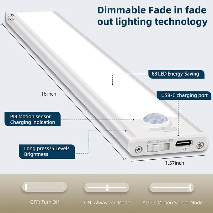 16inch Under Cabinet Lighting, 4 Pack Rechargeable Motion Sensor Light Indoor, Wireless Dimmable Magnetic Closet Lights, 68 LED Under Counter Lights for Kitchen, Wardrobe, Stairs, White Light