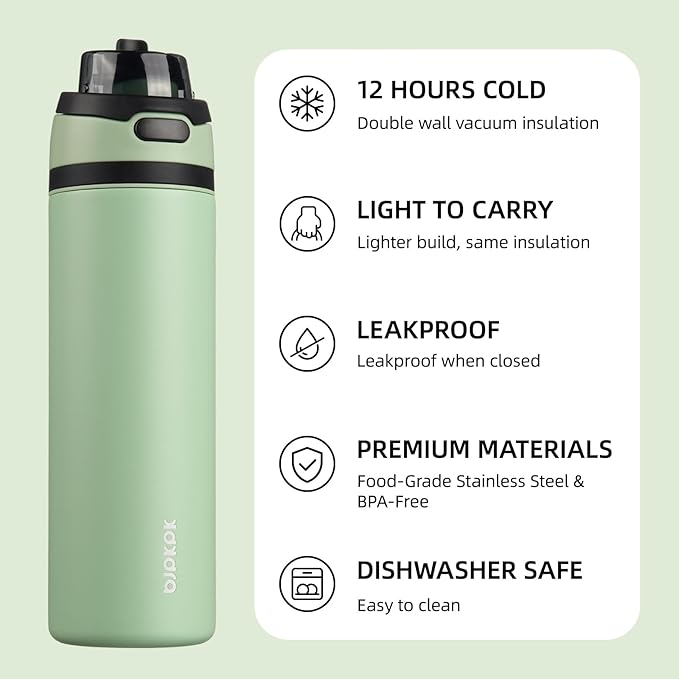 BJPKPK 25oz Insulated Water Bottle with 2-1 Straw Spout Lid, Stainless Steel Metal Water Bottles with Carry Handle, BPA Free, Leak-Proof, Fits in Car Cup Holder, Thermo for Sports,Macaron Green
