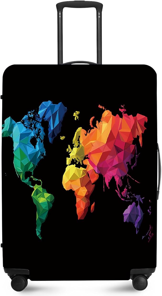 ANNA QUEEN Geometric World Map Travel Luggage Cover -Stretchable Airplane Suitcase Protector Sleeve,Universal Washable Fit for 20-26 Inch Checked Baggage,Water Resistant Durable Luggage Protector