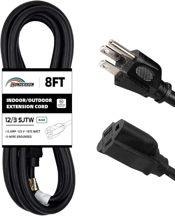Indoor Outdoor Extension Cord Weatherproof, UL Certified, 12 Gauge 8FT Black 3 Prong Heavy Duty, 12/3 SJTW 15A Power Cord for Outdoor Lights, Appliances, Lawn
