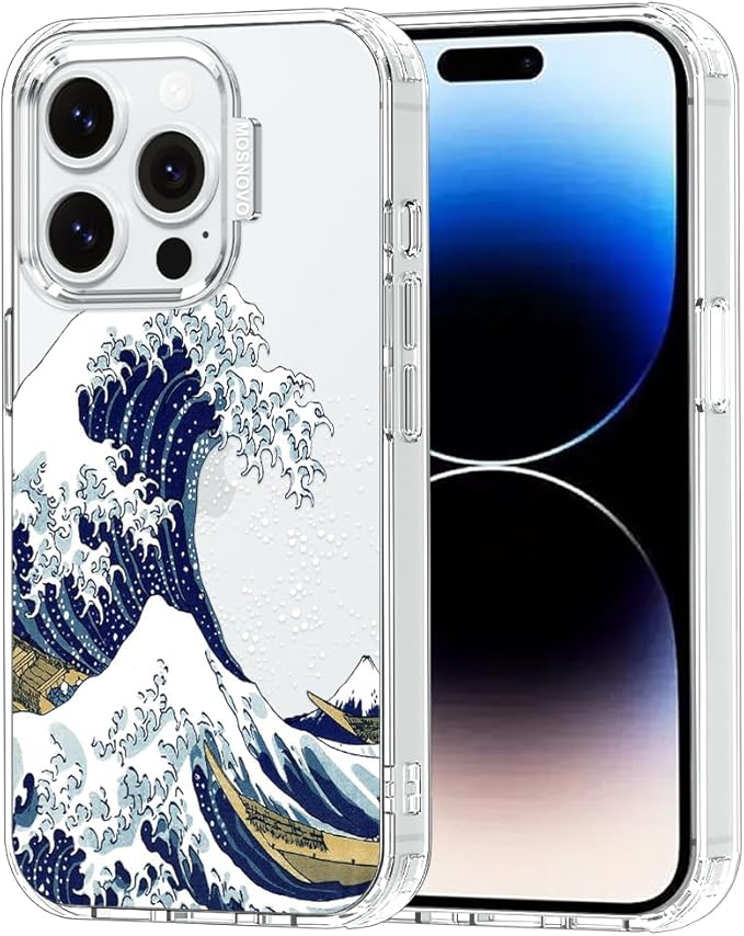 MOSNOVO Case for iPhone 14 Pro, [Buffertech 6.6ft Military-Grade Drop Protection] [Anti Peel Off Tech] Clear TPU Bumper Phone Case Cover Design - Great Wave