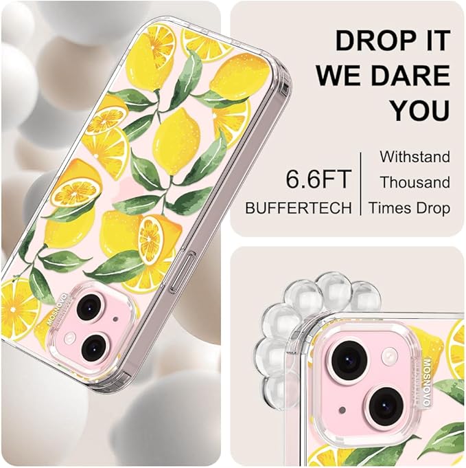 MOSNOVO Case for iPhone 15, [Buffertech 6.6ft Military-Grade Drop Protection] [Anti Peel Off Tech] Clear TPU Bumper Phone Case Cover Design - Lemon