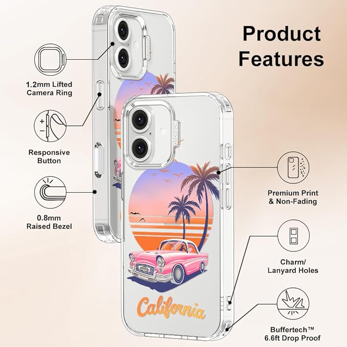 MOSNOVO for iPhone 16 Case, Shockproof Military-Grade Protection 6.6ft Drop Tested, Clear Phone Case for iPhone 16, Cali Cruise Design