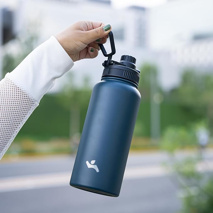 Konokyo Insulated Water Bottle 24oz Stainless Steel Sport Bottles with 3 Lids,Navy Blue