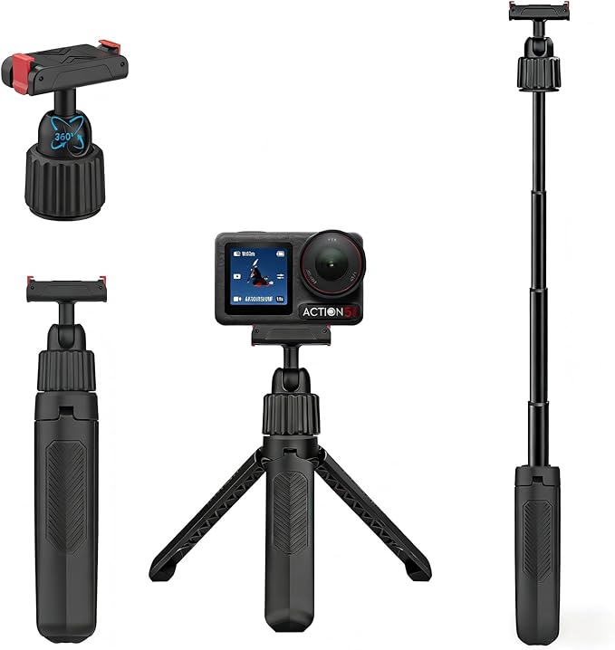 15.7" Extendable Magnetic Selfie Stick Tripod for DJI Osmo Action 5 Pro 4 3 Accessories, Portable Vlog Grip Stand with Dual-Lock Buckle, 360 Rotate Ball Head for Vertical Shooting, Black