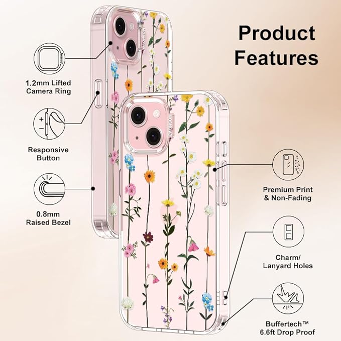 MOSNOVO Case for iPhone 15 Plus/iPhone 14 Plus, [Buffertech 6.6ft Military-Grade Drop Protection] [Anti Peel Off Tech] Clear TPU Bumper Phone Case Cover Design - Wildflowers