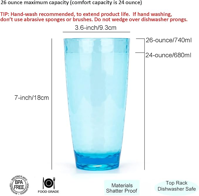 KOXIN-KARLU Hammered 26-ounce Plastic Tumbler Acrylic Glasses, set of 6 Multicolor