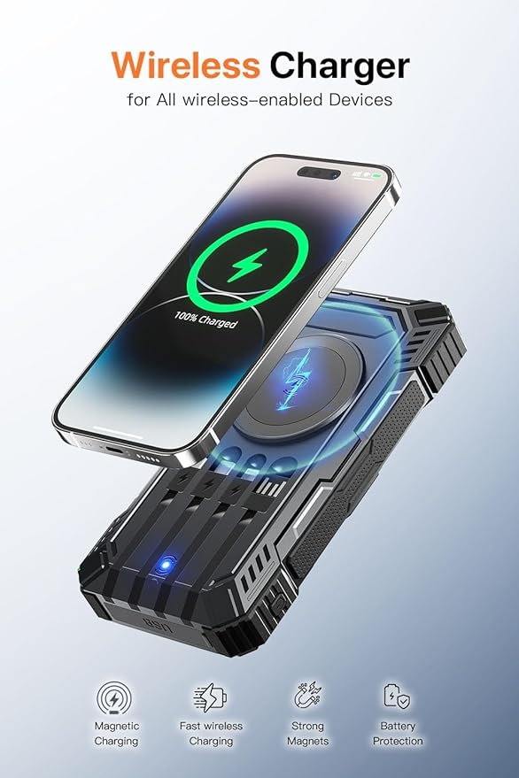 jskei Power Bank 49800mAh Solar Portable Charger Wireless Charging USB-C 15W Fast Charging with 4 Built-in Cables LED Flashlight Battery Pack Compatible with iPhone, iPad, Perfect for Camping,Hiking