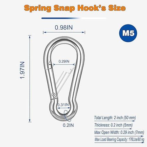 120PCS M5 Heavy Duty Carabiner Clip, 2Inch Snap Hook Quick Link Small Carabiner Clips,Spring Link Buckle for Fishing Camping Hammock Dog Leashes-220LBS Holding Capacity (Silver)