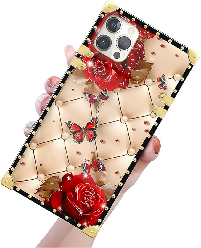 Compatible with iPhone 12 12 Pro Case, Shining Red Rose Butterfly Leather Background Luxury Golden Decoration for Girl Women Soft TPU Shockproof Protective Hard PC Back