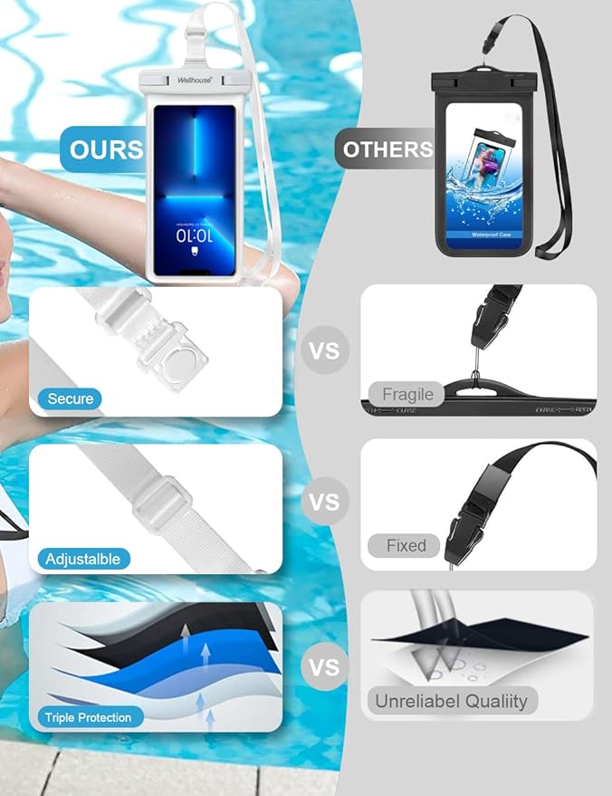 wellhouse Waterproof Phone Pouch, Waterproof Phone Case for iPhone 17 16 15 14 13 Pro Max XS Samsung, IPX8 3D Cellphone Dry Bag Beach Essentials (2 Pack - Black & White7.0, 7 inch)
