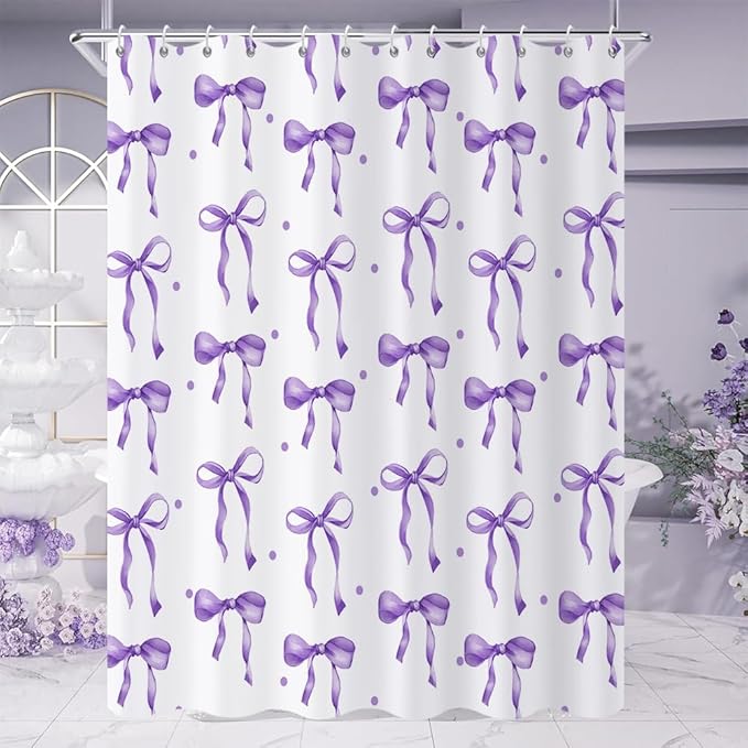 Purple Bow Shower Curtain, Purple and White Modern Aesthetic Bowknot with Polka Dot Cute Girly Bathroom Curtain Waterproof Fabric Machine Washable with Hooks, 72" Wx96 L