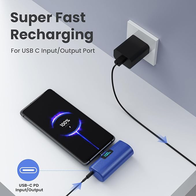 [2-Pack]Small Portable Charger 5200mAh, Upgraded PD USB C Power Bank Built-in USB-C Connector,LCD Display Battery Pack Compatible with iPhone 15/15 Plus/15 Pro/15 Pro Max/Samsung Android(Blue+Purple)