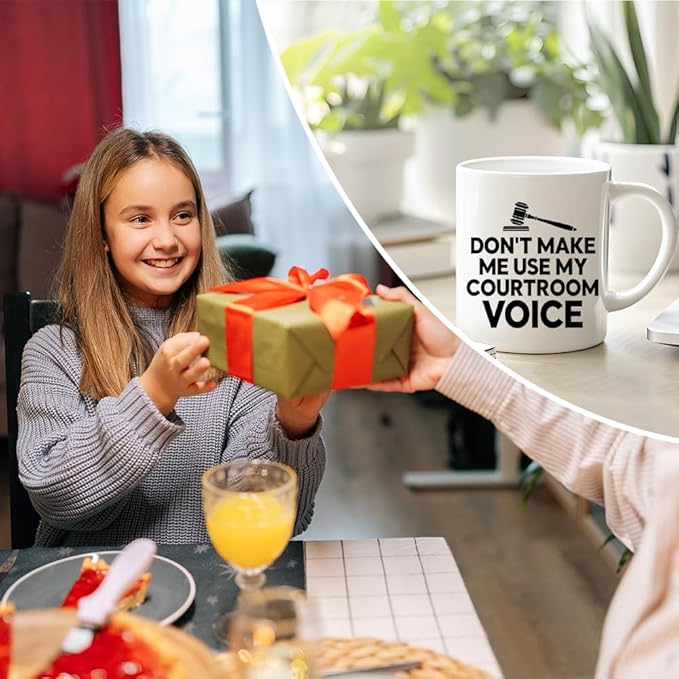 RZHV Don't Make Me Use My Courtroom Voice 11 Oz Novelty Mug, Funny Gavel Coffee Mug for Coffee Lover Paralegal, Cheer Up Gifts for Future Lawyer Judge, Graduate Present for Attorney