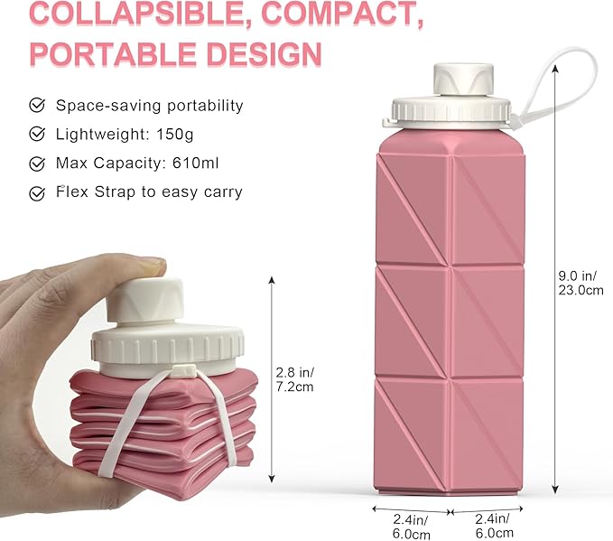 BEAUTAIL Collapsible Water Bottles 20.6oz, Silicone Foldable Portable Travel Water Bottle, BPA-Free, Leakproof Reusable for Traveling Camping Hiking Cycling Yoga Sports Outdoor, 1 Pack (Pink)