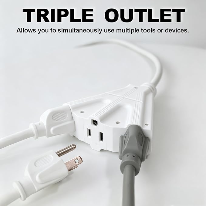 EP 10 Ft Outdoor Extension Cord with 3 Electrical Power Outlets - 16/3 SJTW White Cable with 3 Prong Grounded Plug for Safety Great for Christmas Lights, Garden and Major Appliances