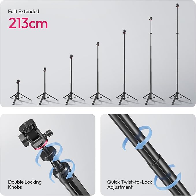ULANZI MT-80 Aluminum Tripod Stand, 7FT Extendable Camera Phone Tripod for Travel, Auto Pop-Up, 1/4" Screw, 360 Ball Head Portable Photo Video Light Stand for DSLR Camera, Ring Light, Video Rig