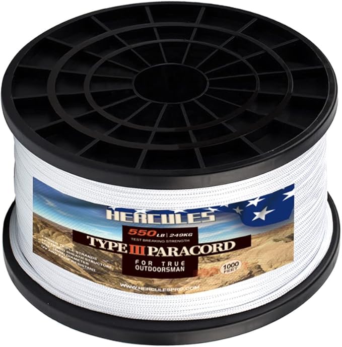 HERCULES Type III Paracord 550 Paracord Rope Parachute Cord, 1000' White for Survival Rope, Survival Cord