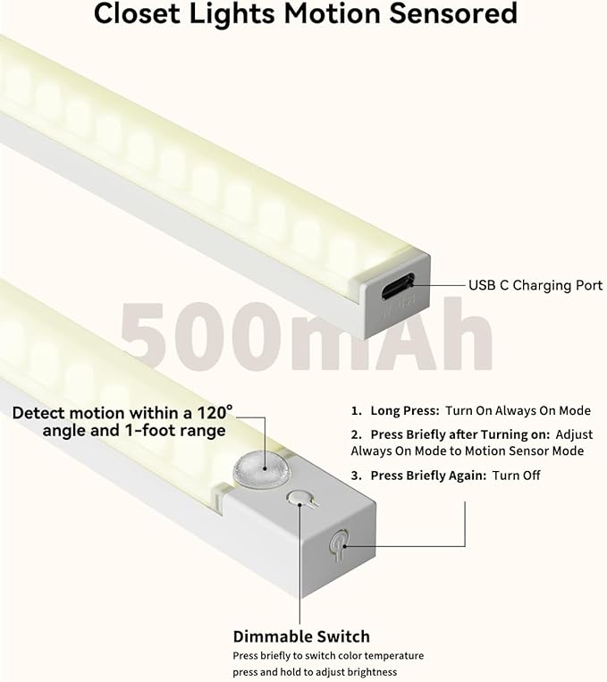 6-Pack 8-Inch Under Cabinet Lighting with Charging Station Rechargeable Motion Sensor Light Indoor 3 Color Dimmable Closet Light USB LED Magnetic Wireless Under Counter Lights for Kitchen Stair