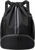 JELUTAR Drawstring Backpack Gym Bag with Shoes Compartment for Soccer, Basketball, Swim, Water-Resistant String Backpack Beach Cinch for Women Men, Black, Medium