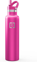 IRON °FLASK Camping & Hiking Hydration Flask with Straw, Narrow Mouth Insulated Stainless Steel Sports Water Bottle - Pink Tulip 24 oz - Straw (1 Lid)