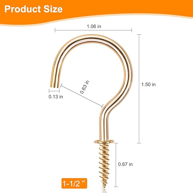 Cup Screw Hooks,1-1/2 inch Metal Screw in Ceiling Hooks,45 Pack Metal Ceiling Plant Hanger Hooks, Wind Chimes Hook Kitchen Cup Hook Great for Hanging Indoor & Outdoor Use(Golden)