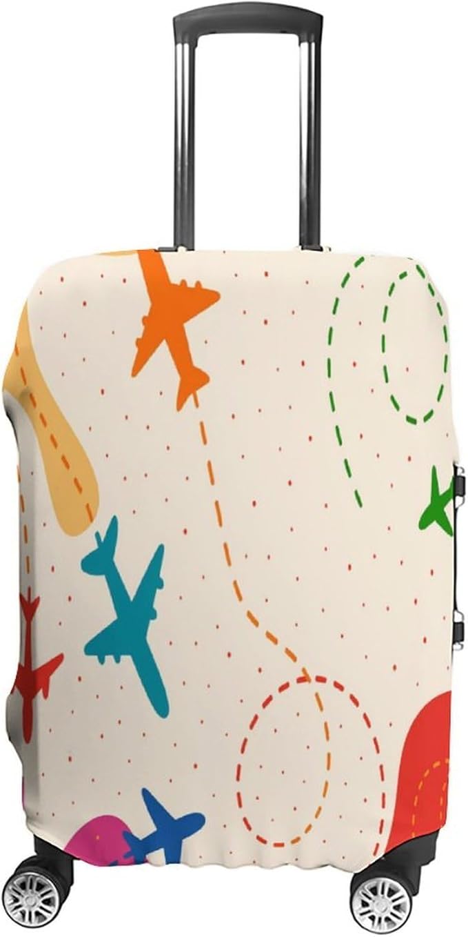 Colorful Airplane Stretch Luggage Cover, Washable Suitcase Protector Fits 30-32in Cases, Secure Fit for Carry On Checked Bags, Travel Essentials