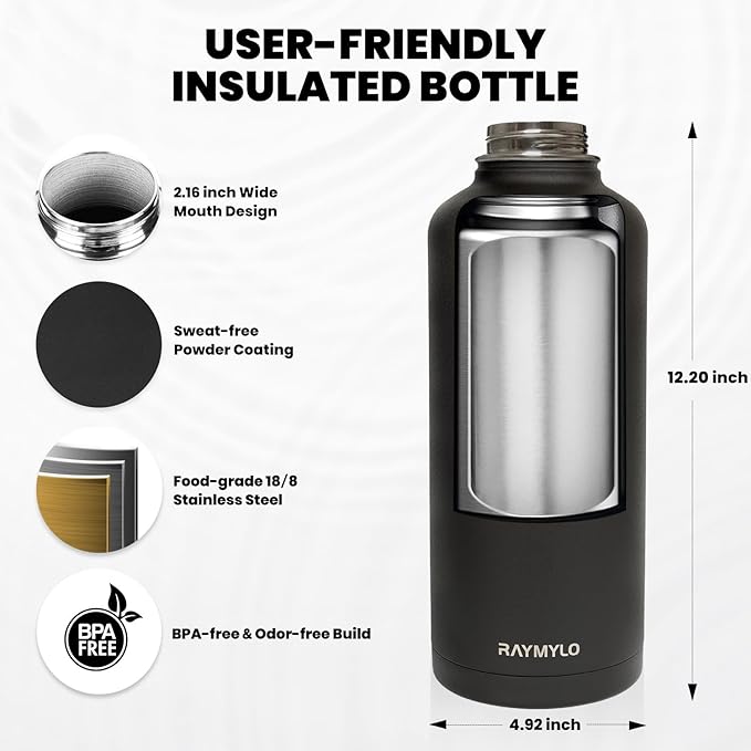 RAYMYLO Insulated Water Bottle 87 oz, Triple Wall Vacuum Stainless Steel (Cold for 48 Hrs), Leak Proof & Non-BPA, Modern Water Flask Jug with Paracord Handle & Straw Spout Lids, Magic Black