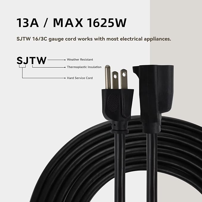 12ft Outdoor Extension Cord - 16/3 Heavy Duty SJTW Waterproof Black Electrical Cable with 3 Prong Grounded Plug for Safety, Great for Lawn and Major Appliances