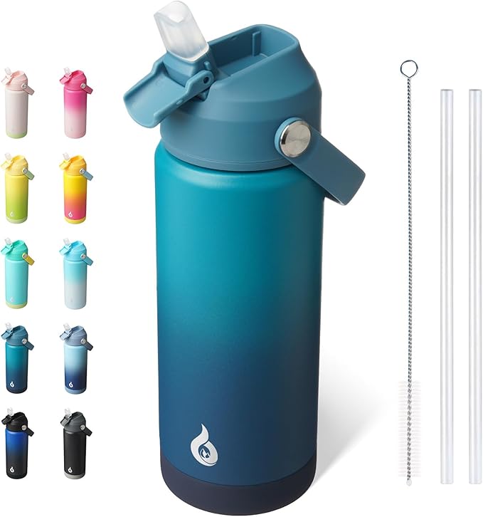 BJPKPK Insulated Water Bottle with Straw Lid, 18oz Thermo Water Bottles with Soft Nozzle, Flex Handle & Non-slip Boot, BPA Free Leak Proof Stainless Steel Metal Thermo, Tumblers, Cups,Vast