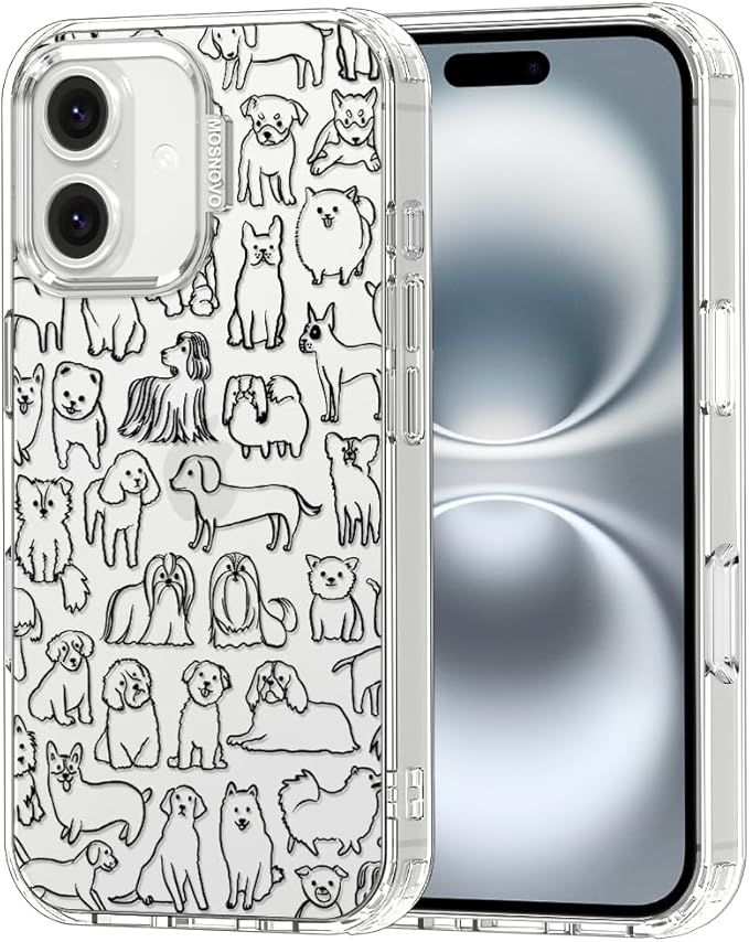 MOSNOVO Case for iPhone 16, [Buffertech 6.6ft Military-Grade Drop Protection] [Anti Peel Off Tech] Clear TPU Bumper Phone Case Cover Design - Doodle Dog