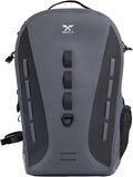 Xelfly Waterproof Fishing Backpack G2 with Rod Holder, Inflatable Air Valve, Padded Waist Straps & Gear Loops - Submersible Zipper, Rugged Top Handle, Adjustable Attachments (Gray)
